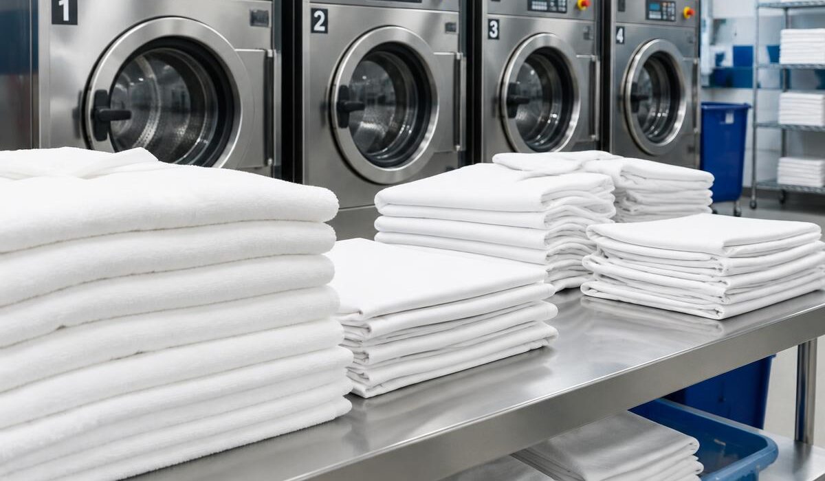 Commercial washing machines and freshly folded linen