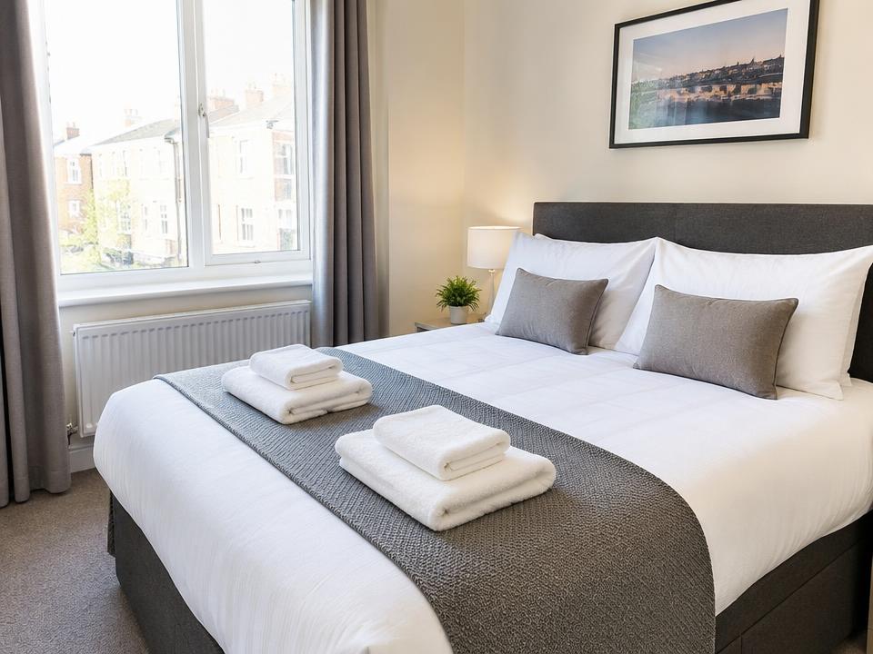 Freshly made bed with clean linen and folded towels in a serviced apartment