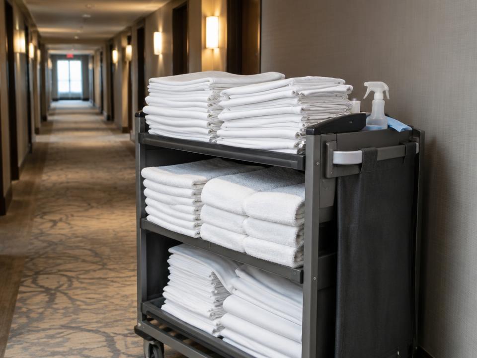 Hotel housekeeping trolley stacked with clean folded sheets and towels
