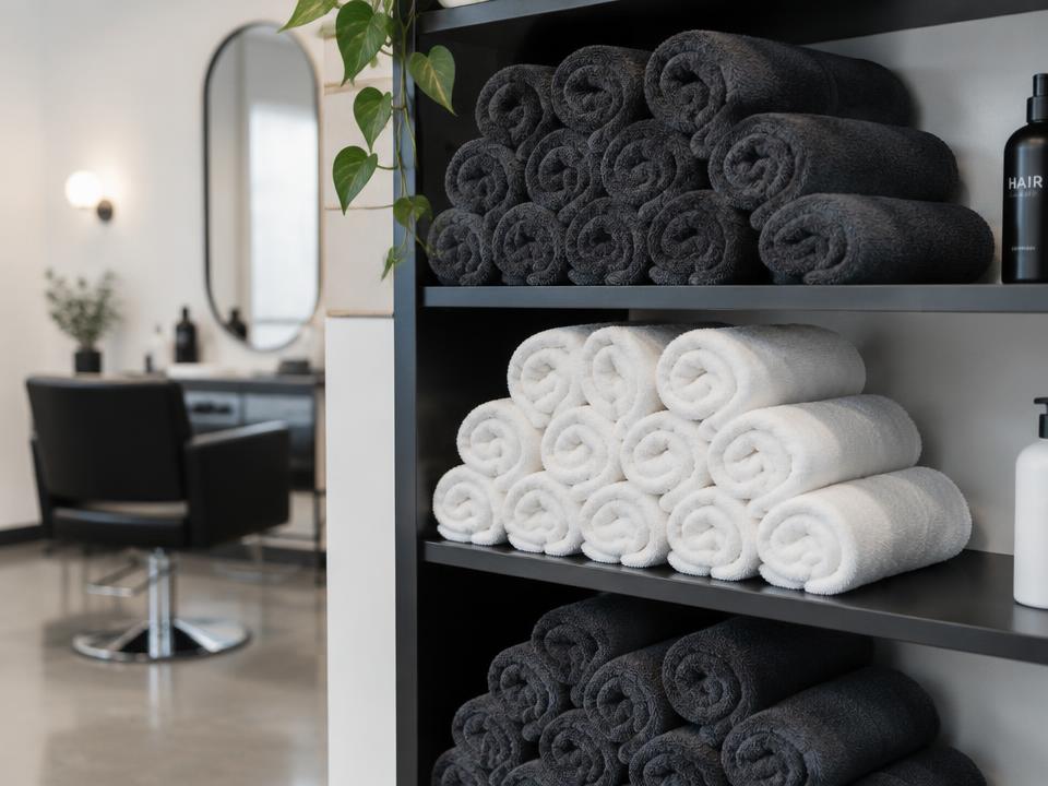 Rolled clean towels on salon shelving